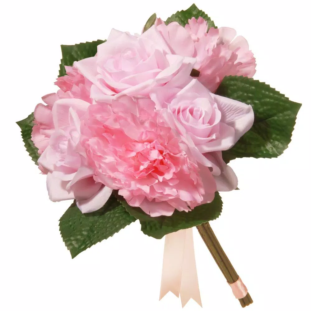National Tree Company 12.2 in. Mixed Pink Rose and Peony Bouquet with Lace Ribbon Accents