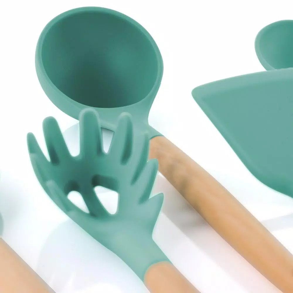 MegaChef 9-Piece Mint Green Silicone and Wood Kitchen Utensil Set with Ceramic Holder