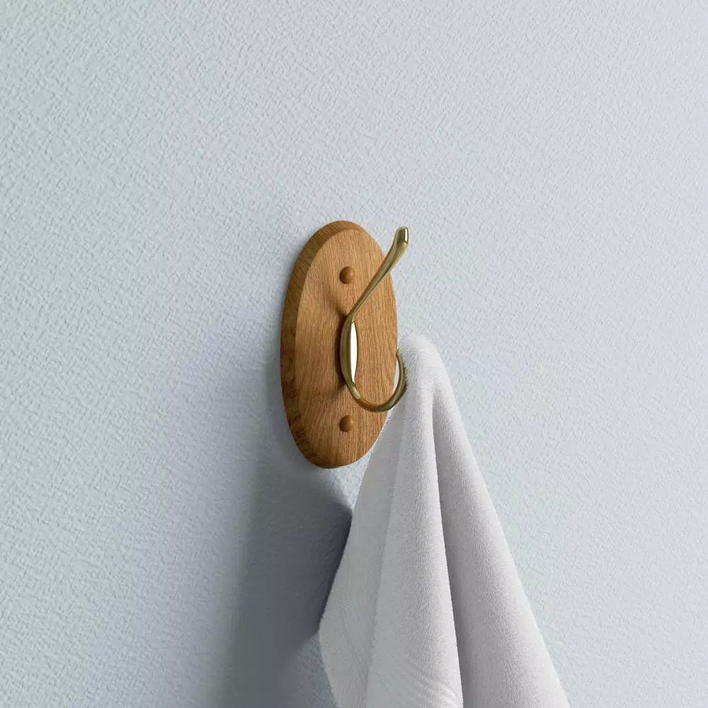 Design House Dalton Double Robe Hook in Honey Oak and Brass