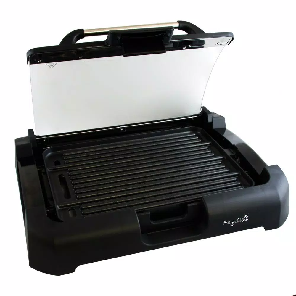 MegaChef 165 sq. in. Reversible Indoor Grill and Griddle with Removable Glass Lid, Black
