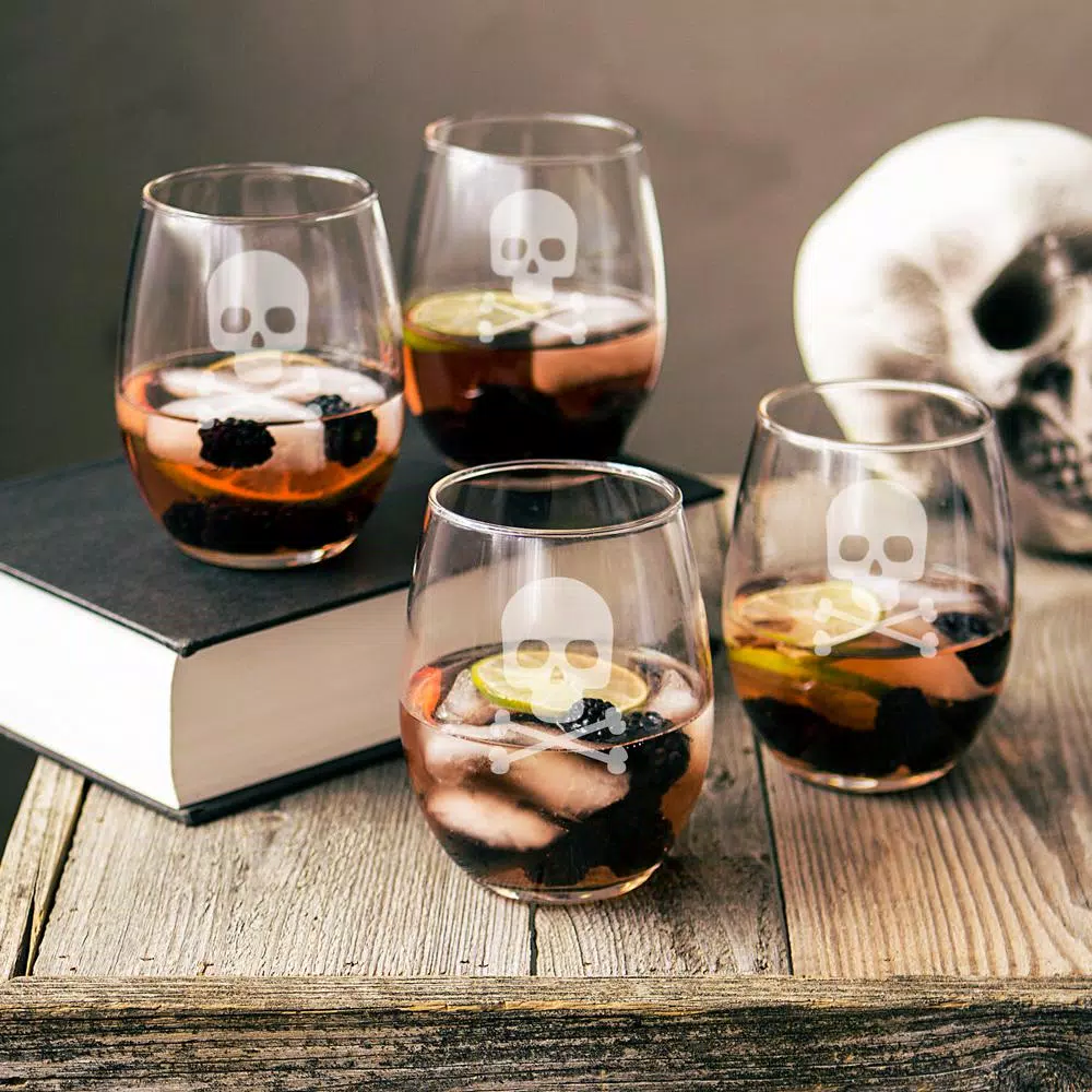 Cathy's Concepts Skull & Crossbones 21 oz. Stemless Wine Glasses, Set of 4, Clear Glass