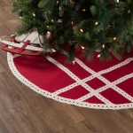 VHC Brands 55 in. Red Margot Farmhouse Christmas Tree Skirt with Diamond Lace and Creme Chambray thumbnail 4