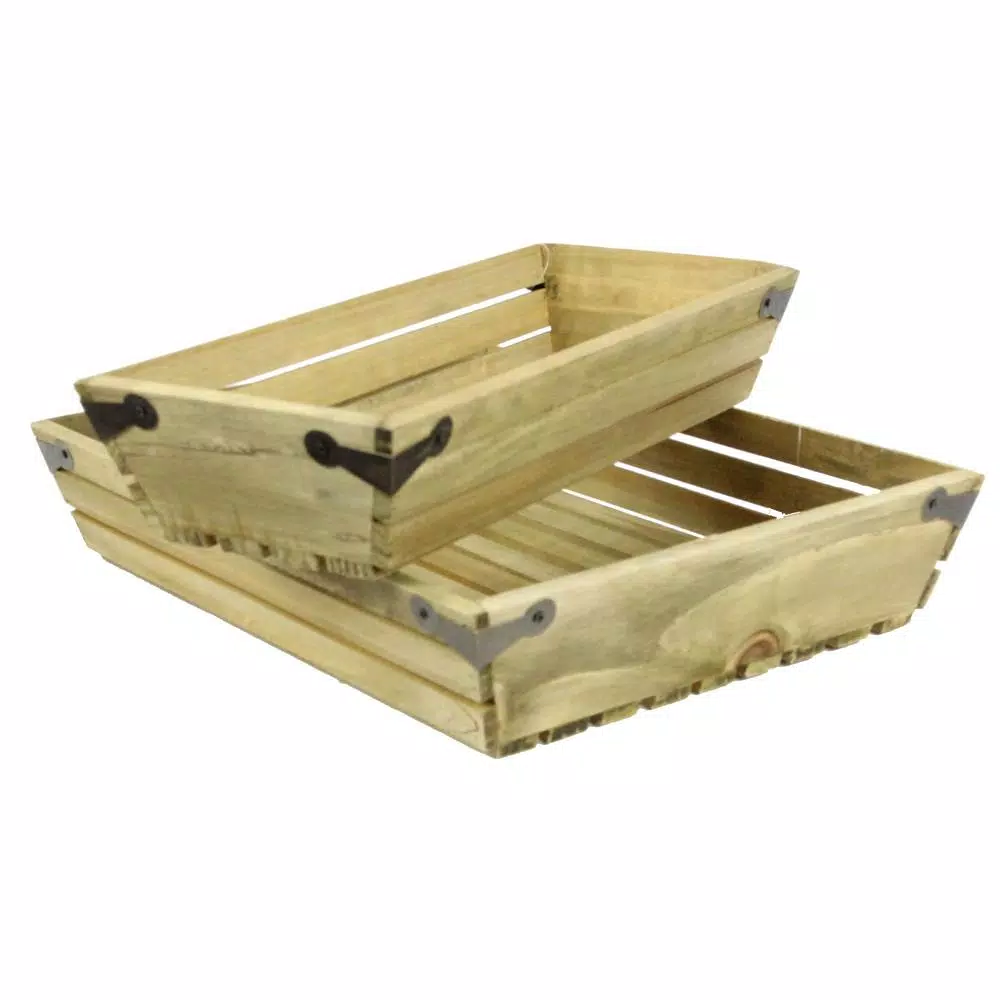 Admired By Nature Natural Wood Small Shallow Rectangle Crate with Metal Corner Design, Set of 2