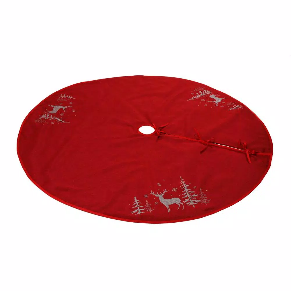 Xia Home Fashions 56 in. Deer in Snowing Forest Round Christmas Tree Skirt, Red