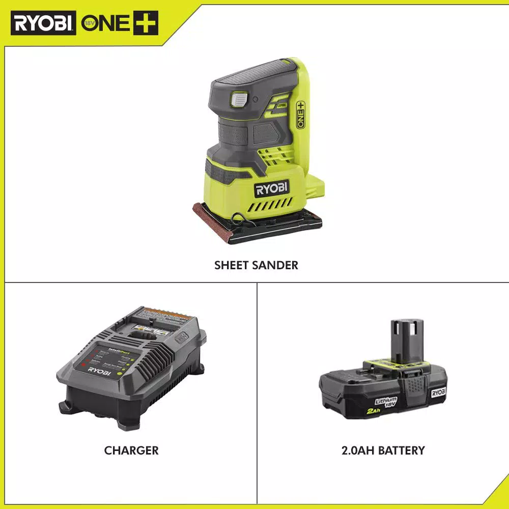 RYOBI 18V ONE+ Cordless 1/4 Sheet Sander Kit with 2.0 Ah Battery and Charger