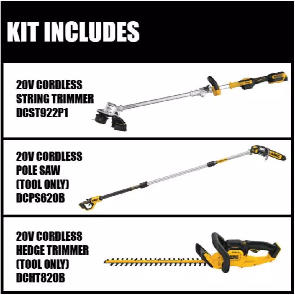 DEWALT 20V MAX Cordless Brushless 3-Tool Combo Kit: 14 in. String Trimmer, 8 in. Pole Saw & 22 in. Hedge Trimmer