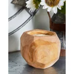 LITTON LANE Hand-Carved Natural Teak Wood Coconut-Shaped Candle Holder with White Unscented Wax thumbnail 1