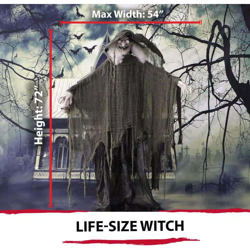 Haunted Hill Farm 6 ft. Animatronic Talking Witch Halloween Prop with Shrunken Skull