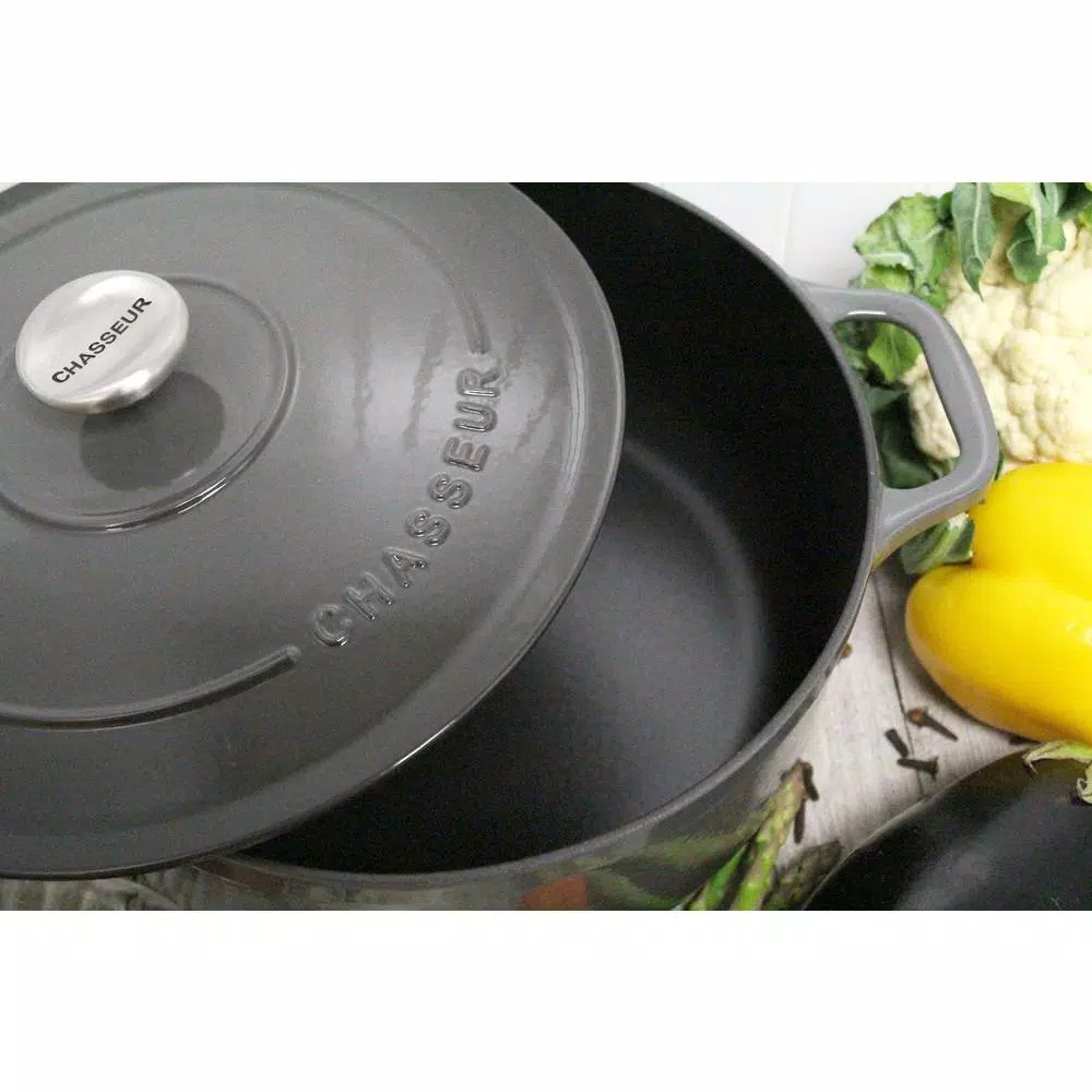 Chasseur 5.5 qt. Round Enameled Cast Iron Dutch Oven with Lid, Caviar Grey