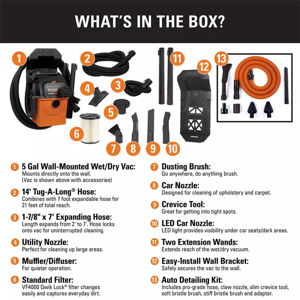 RIDGID 5 Gal. Stor-N-Go 5.0 Peak HP Wet/Dry Shop Vacuum with Wall Mount and Premium Car Cleaning Kit