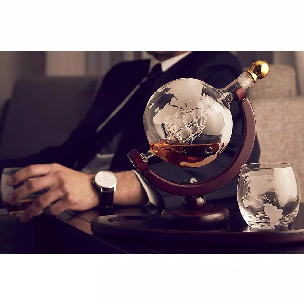 Godinger Globe Crystal Whiskey Decanter and 2-Piece DOF Glass Set with Mahogany Stained Tray