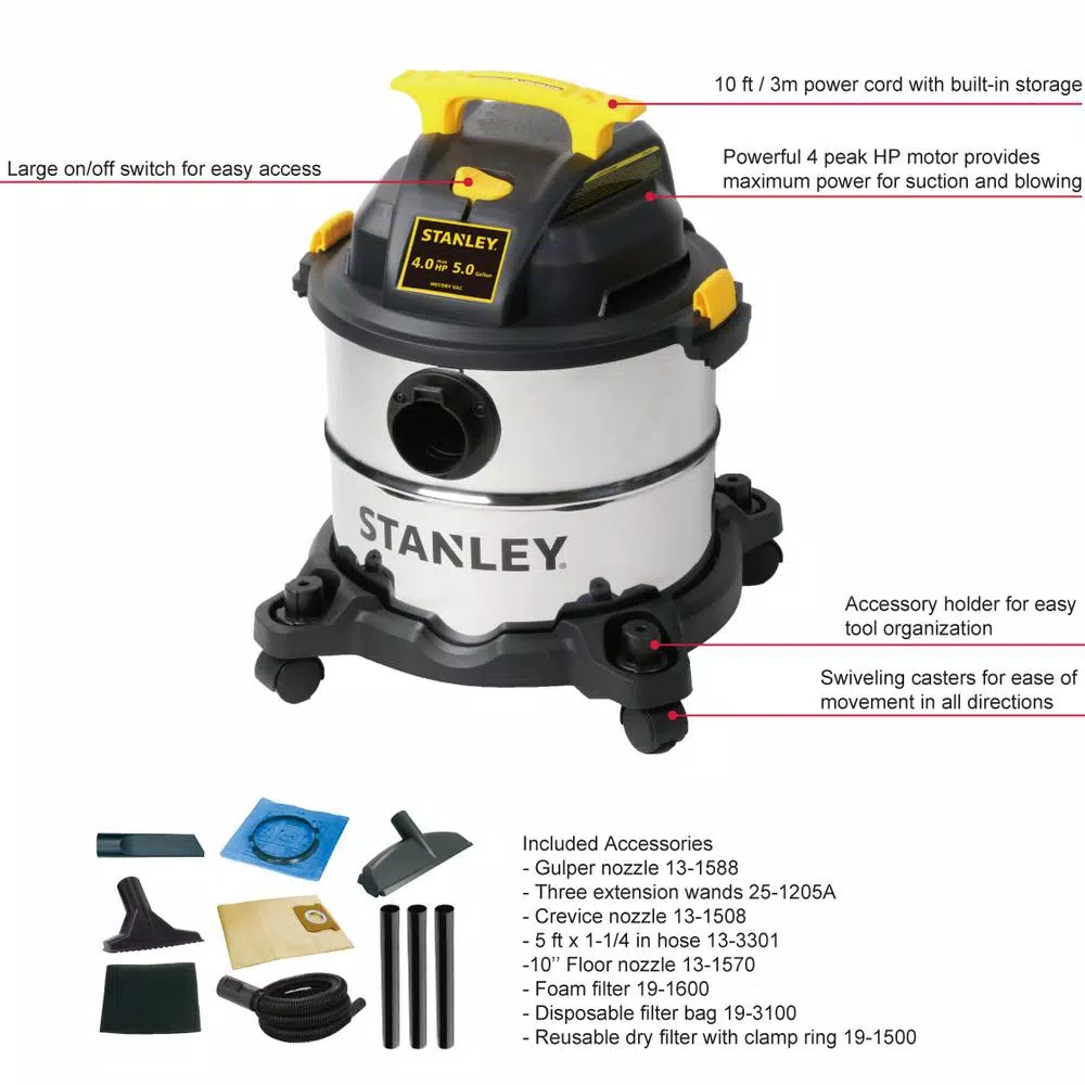 Stanley 5 Gal. Stainless Steel Wet/Dry Vacuum, 4.0 Peak HP, 85 CFM