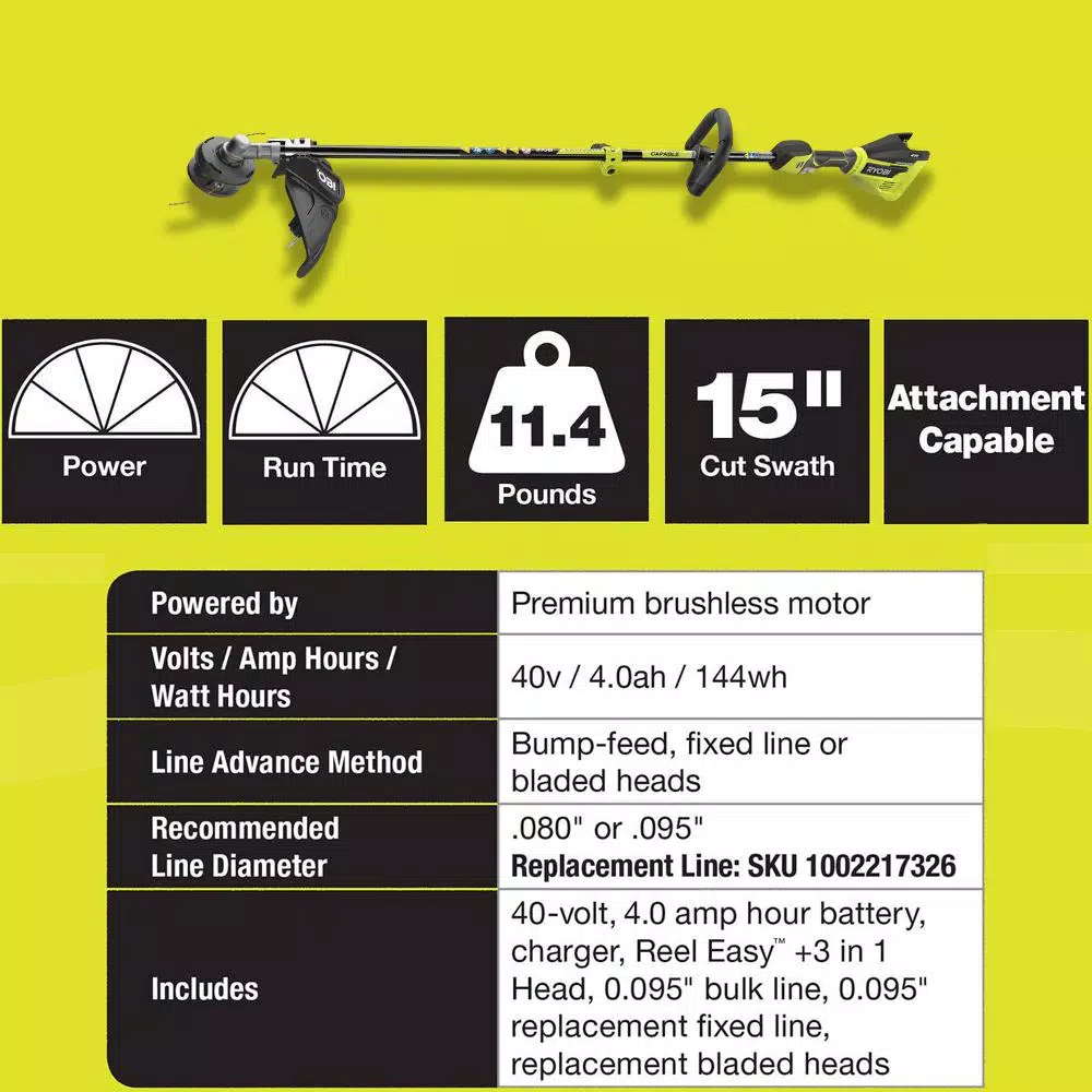 RYOBI 40V Brushless Cordless String Trimmer and Edger Kit with 4.0 Ah Battery and Charger