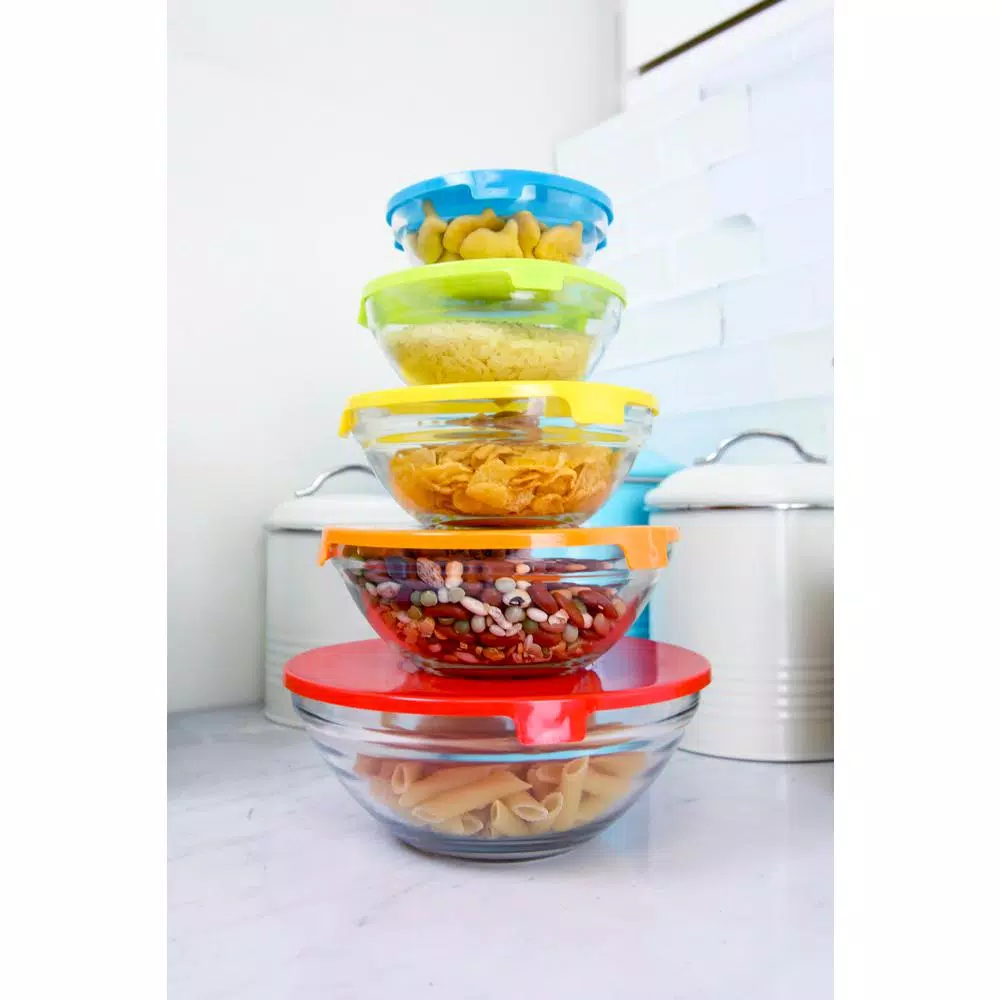 Home Basics 5-Piece Glass Bowl Set with Colorful Plastic Lids
