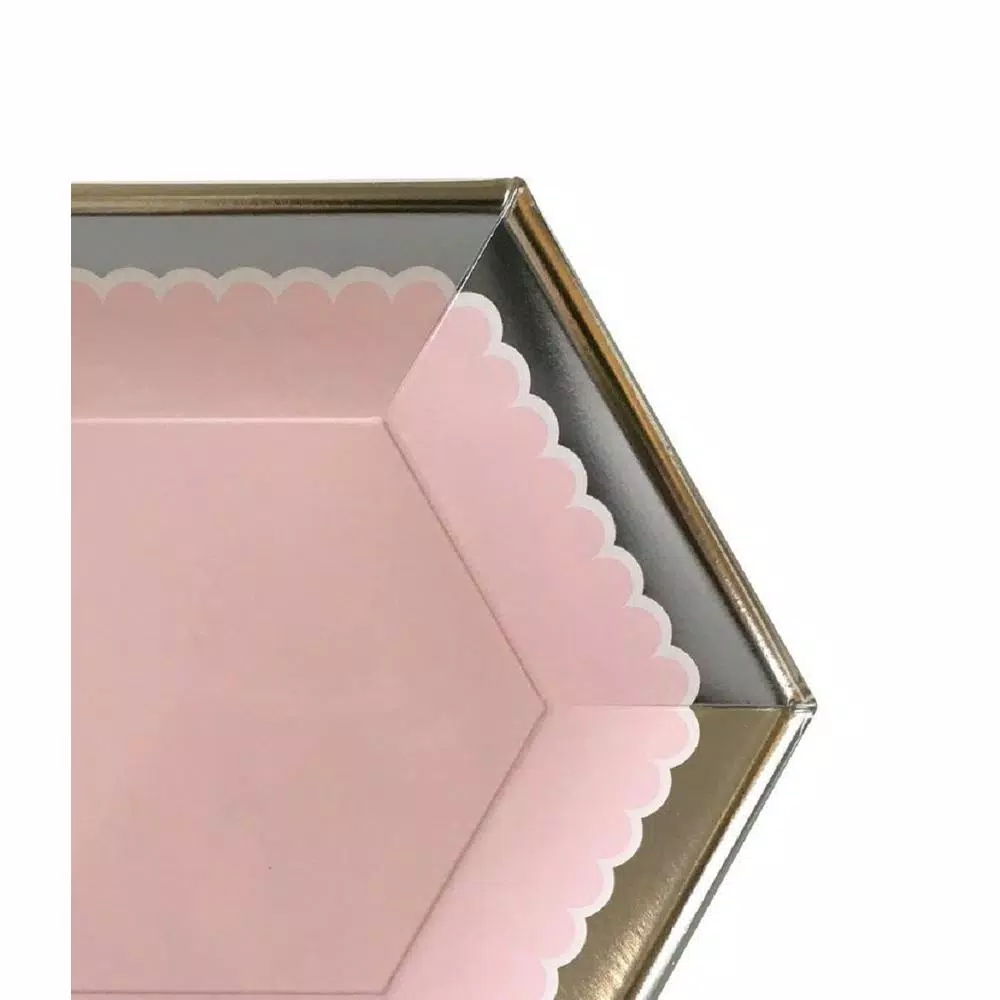 Sugar Plum Party SugarPlum Collection Hexagon Blush Pink Dinner Plates with Metallic Silver Rim, 16-Piece Set