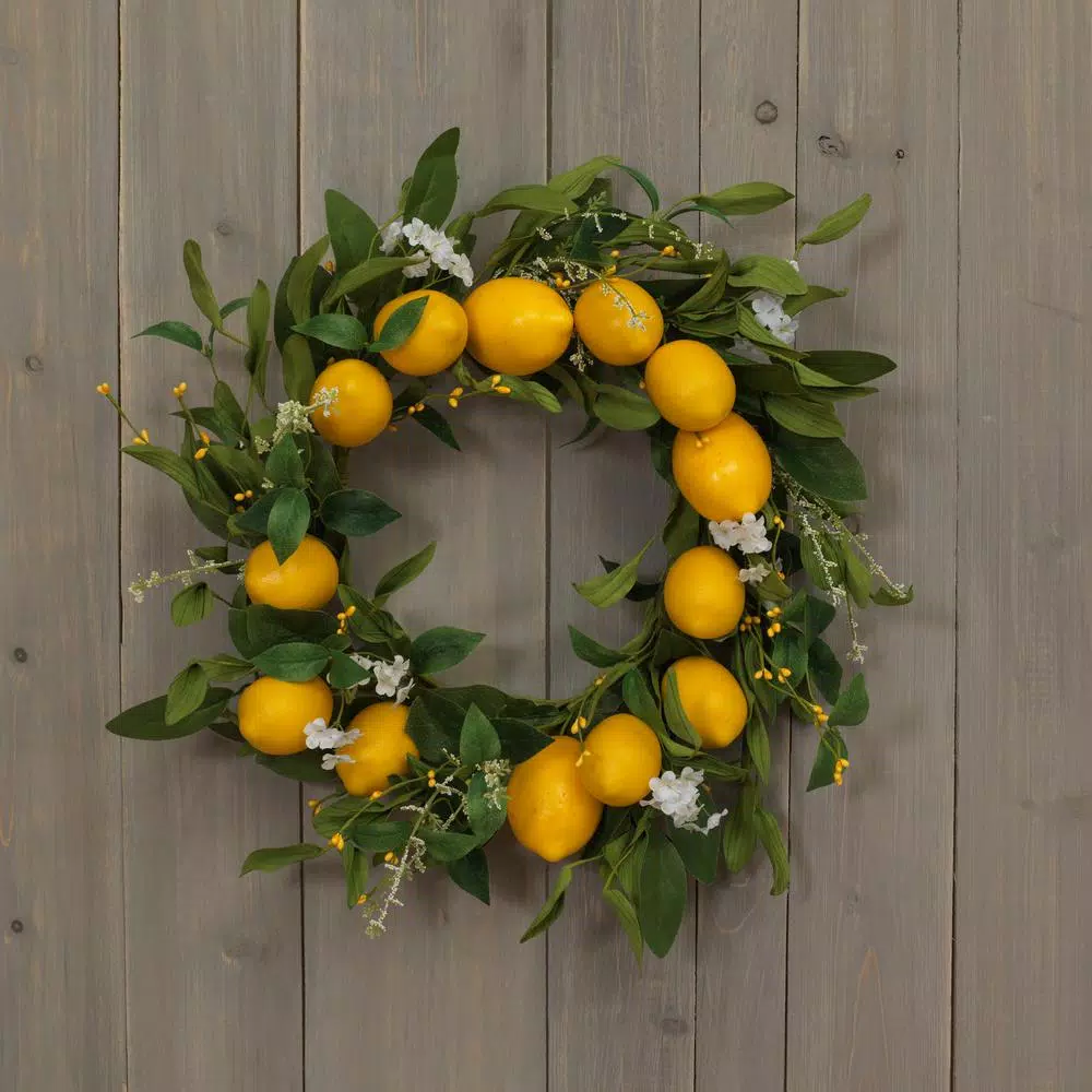 Gerson International 24 in. Lemon Wreath with Yellow Berries and White Blossoms
