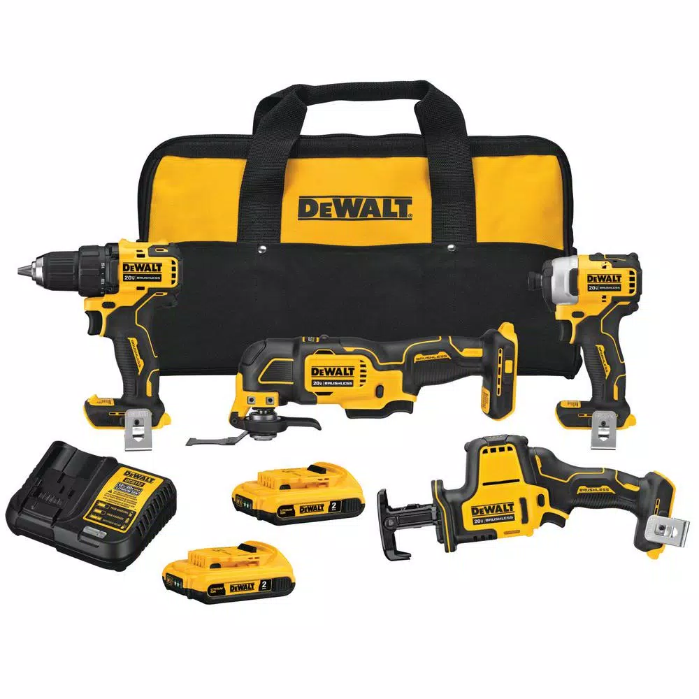 DEWALT 20V MAX ATOMIC Cordless Brushless 4-Tool Combo Kit with (2) 2.0 Ah Batteries, Charger & Bag