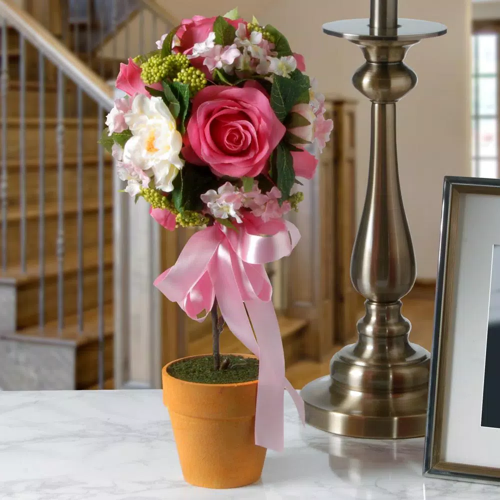 National Tree Company 14 in. Rose and Hydrangea Mixed Flower Topiary with Pink Ribbon