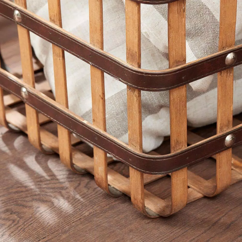 Home Decorators Collection Square Natural Bamboo and Leather Decorative Storage Basket
