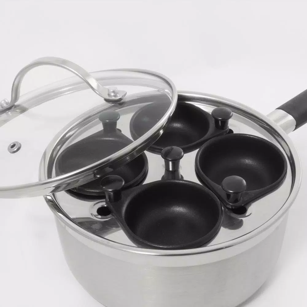 ExcelSteel Professional 4-Cup Stainless Steel Egg Poacher Set with Non-Stick Cups and Silicone Spatula