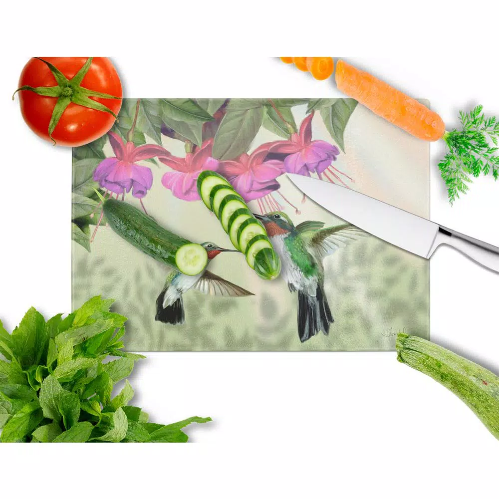 Caroline's Treasures Fuchsia and Hummingbirds Tempered Glass Large Cutting Board, Decorative Rectangle Chopping Board