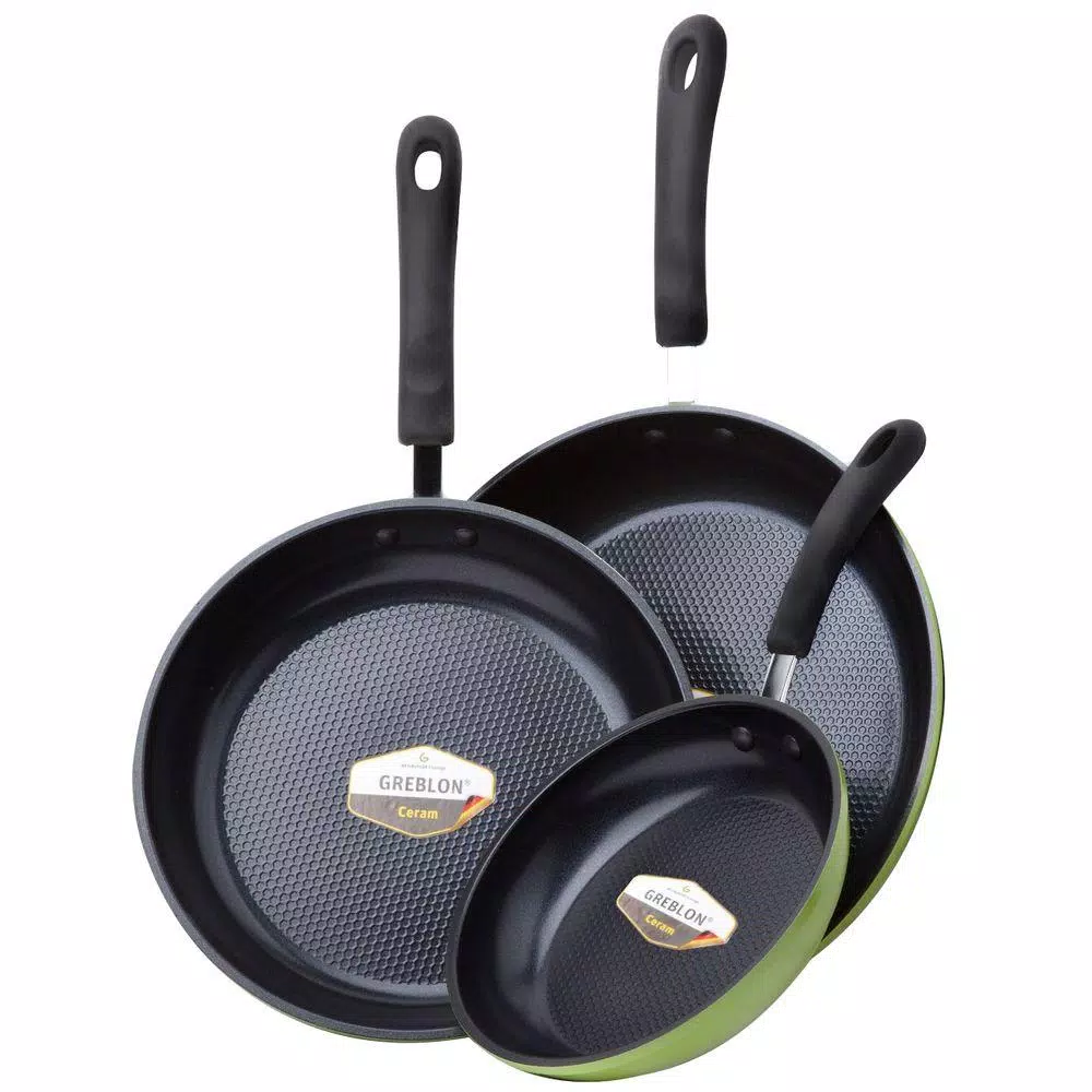 Ozeri Green Earth 3-Piece Aluminum Ceramic Nonstick Frying Pan Set, Green