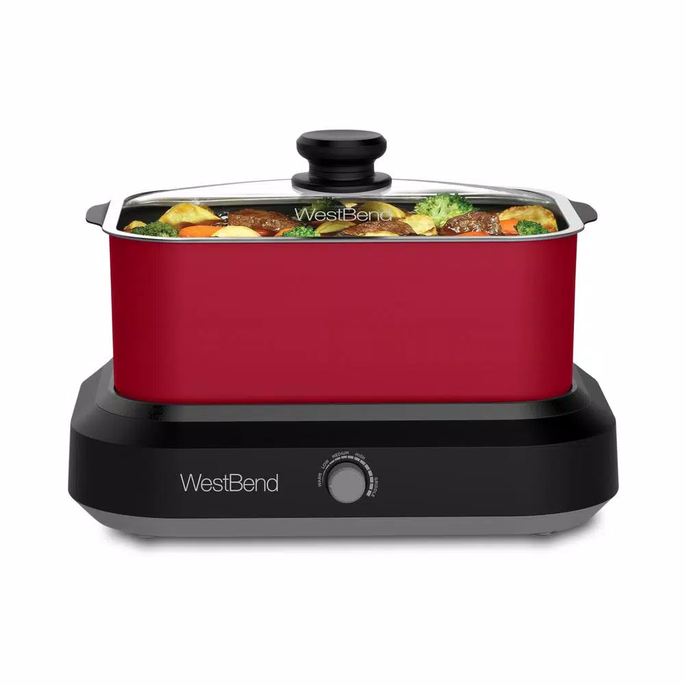 West Bend 5 Qt. Red Non-Stick Versatility Slow Cooker with Griddle Base, Travel Lid, and Thermal Tote