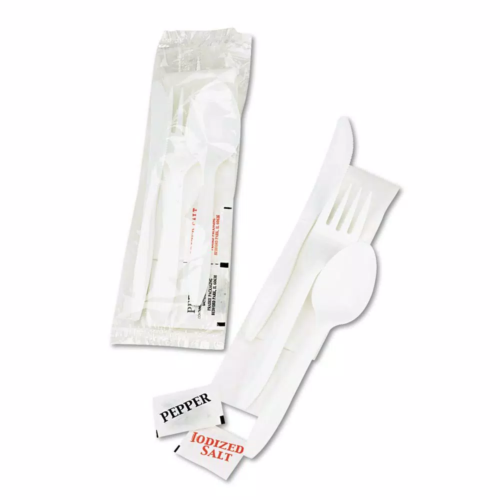 GEN White Wrapped Cutlery Kit with Napkin, Salt & Pepper - 250 Count Case