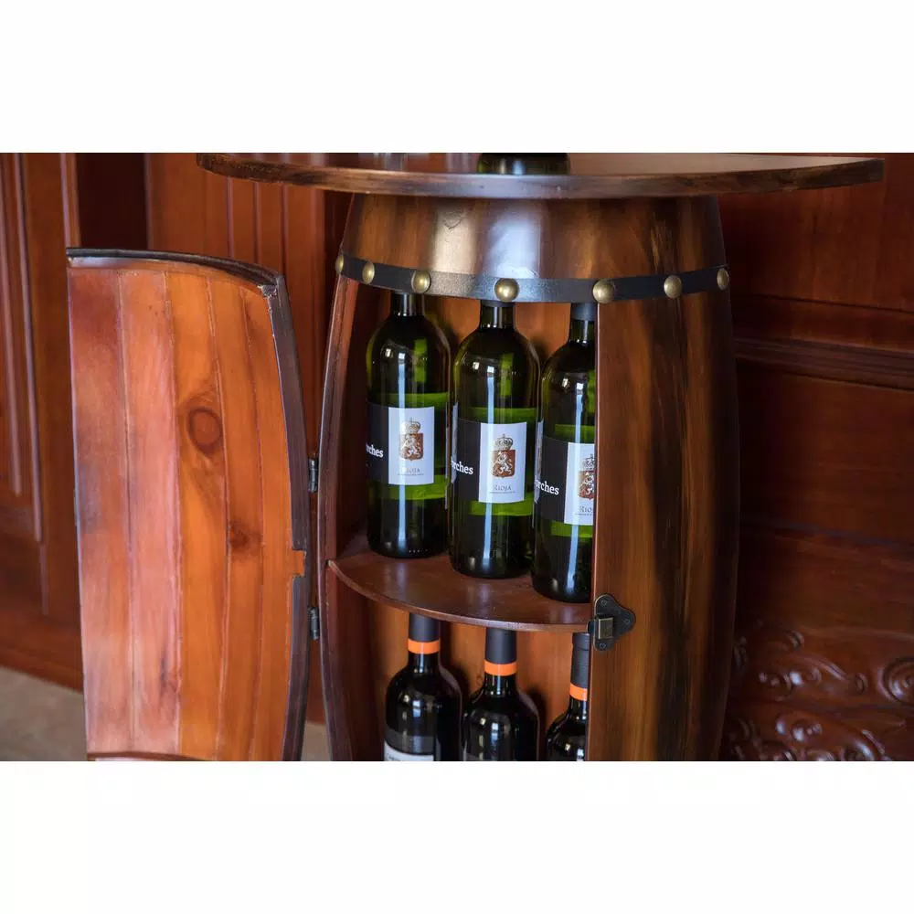 Vintiquewise Rustic Wooden Barrel Shaped Wine Bar Cabinet with Lockable Latch and 10-Bottle Storage