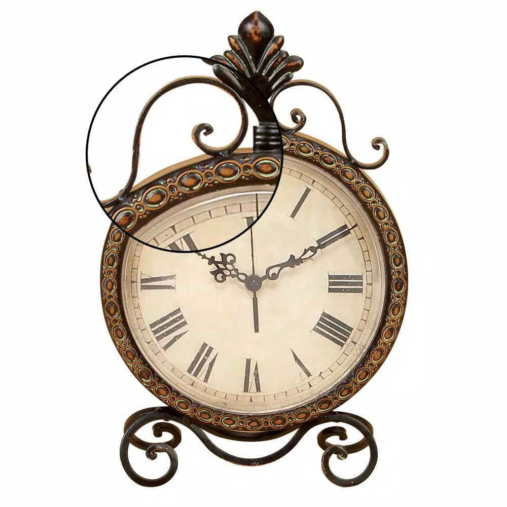 LITTON LANE 17 in. x 11 in. Round Wrought Iron Table Clock with Tarnished Bronze Finish