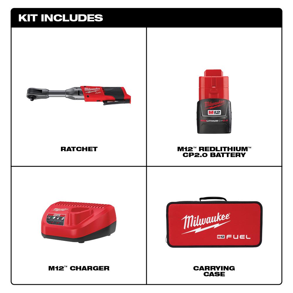 Milwaukee M12 FUEL 12V Brushless Cordless 3/8 in. Extended Reach Ratchet Kit with 2.0 Ah Battery