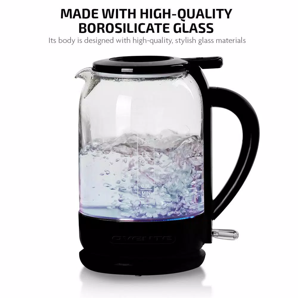 Ovente 1.5L Glass Electric Kettle with ProntoFill Technology, 1500W, Black
