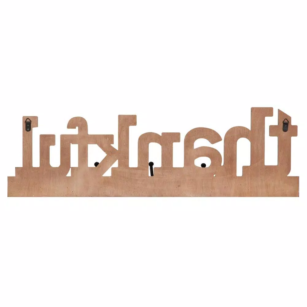 Pinnacle Rustic Thankful Gray Wood Decorative Wall Sign with 4 Metal Hooks