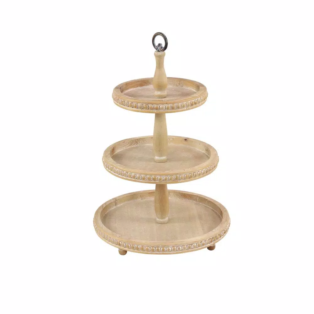 LITTON LANE 3-Tier Round Birch Wood and Metal Decorative Serving Tray with Whitewash Finish