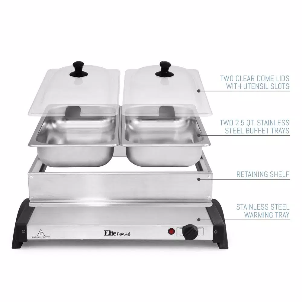 Elite Gourmet 2.5 Qt. Stainless Steel Buffet Server with 2 Crocks and Warming Tray