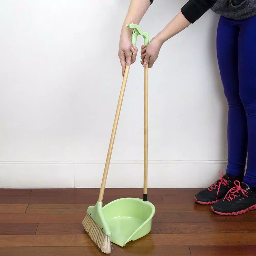 Home Basics 10 in. Green Bamboo Broom and Dustpan Set with Angled Nylon Bristles