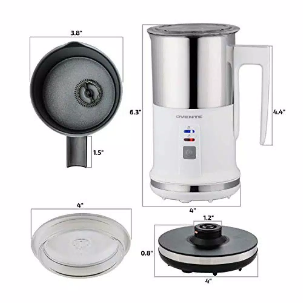Ovente 3-in-1 Electric Milk Frother & Heater, White Stainless Steel with See-Through Lid