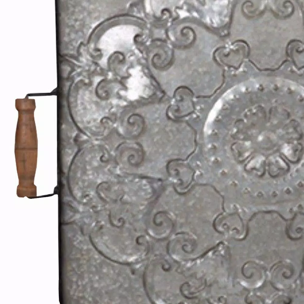 Benjara Ravello Square Gray Wood and Iron Decorative Tray with Floral Detail