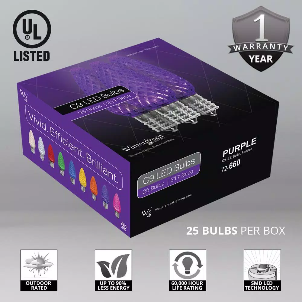 Wintergreen Lighting OptiCore C9 LED Purple Faceted Replacement Light Bulbs, E17 Base, 25-Pack
