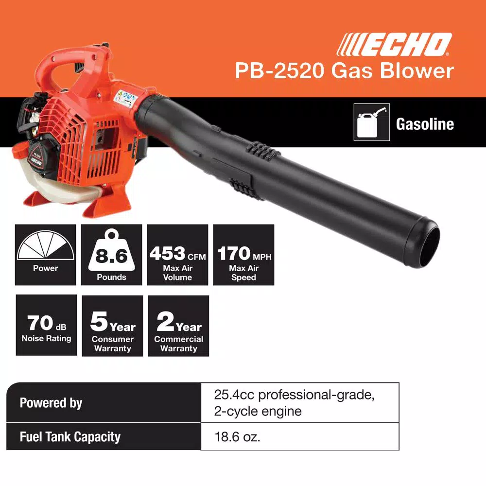 ECHO PB-2520 Gas Handheld Leaf Blower, 25.4 cc, 453 CFM, 170 MPH