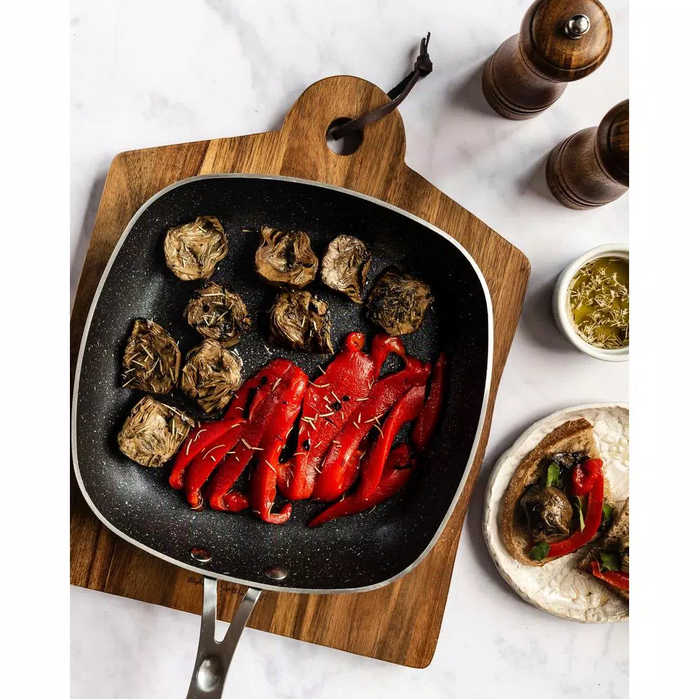 GRANITESTONE 9.5 in. Aluminum Diamond Infused Non-Stick Square Fry Pan, Charcoal