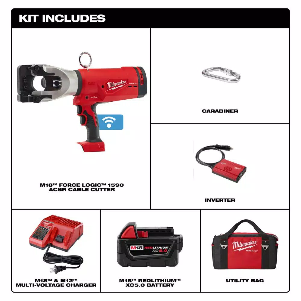 Milwaukee M18 FORCE LOGIC 1590 ACSR Cordless Cable Cutter Kit with 5.0 Ah Battery and Charger