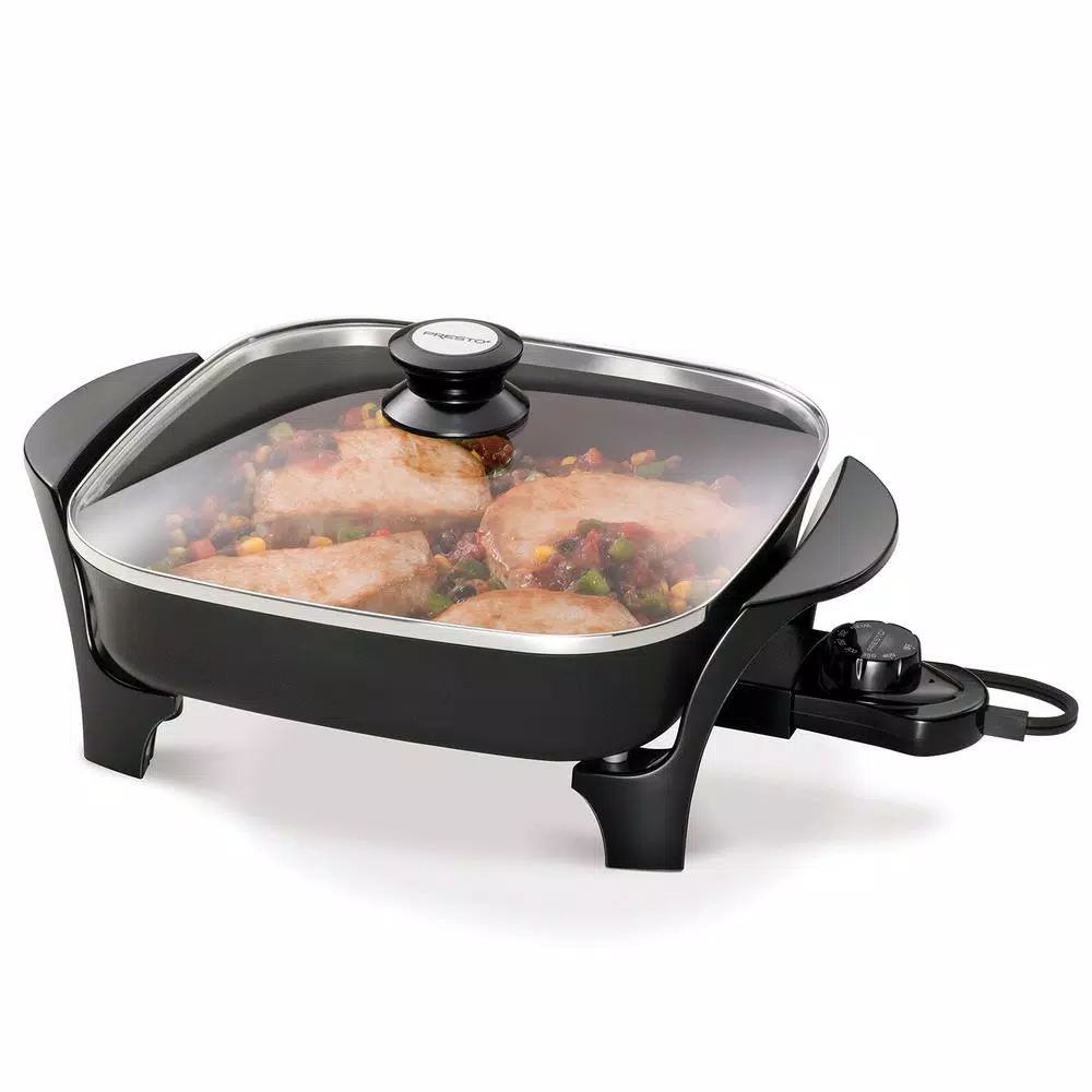 Presto 121 sq. in. Square Black Non-Stick Electric Skillet with Tempered Glass Lid