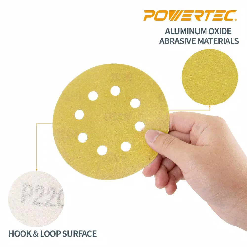 POWERTEC 5 in. 150-Grit Gold AO Hook and Loop 8-Hole Sanding Discs, 50-Pack
