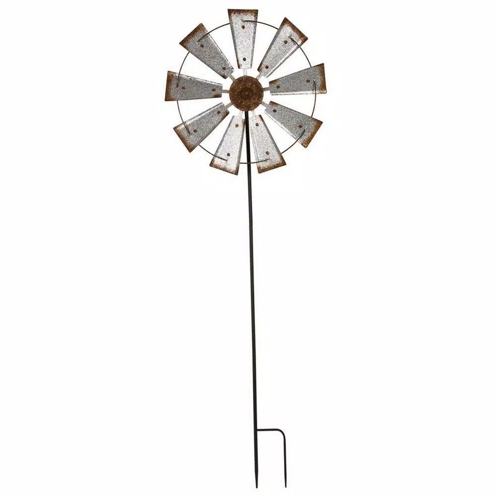 Glitzhome 69.4 in. Farmhouse Metal Galvanized Wind Spinner Yard Stake and Wall Decor