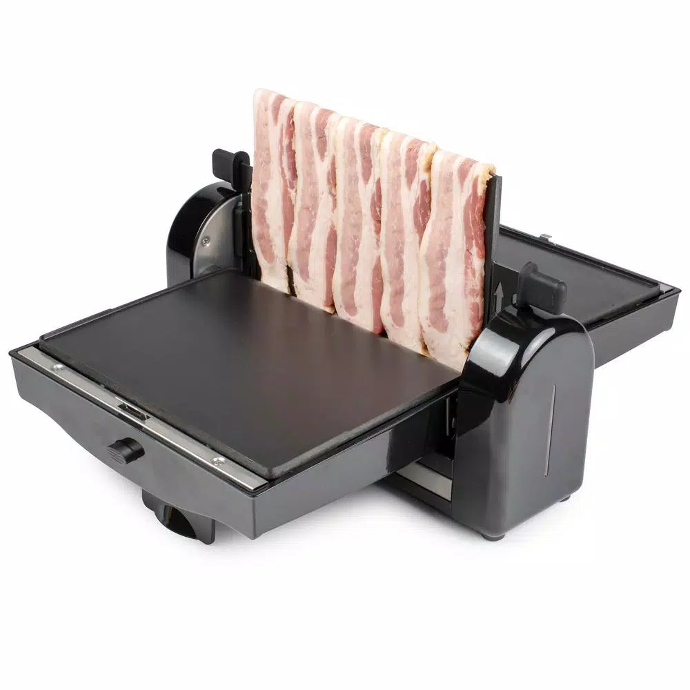 HomeCraft Black Bacon Press and Griddle, 900W Countertop Specialty Grill with Vertical Cooking and Drip Tray