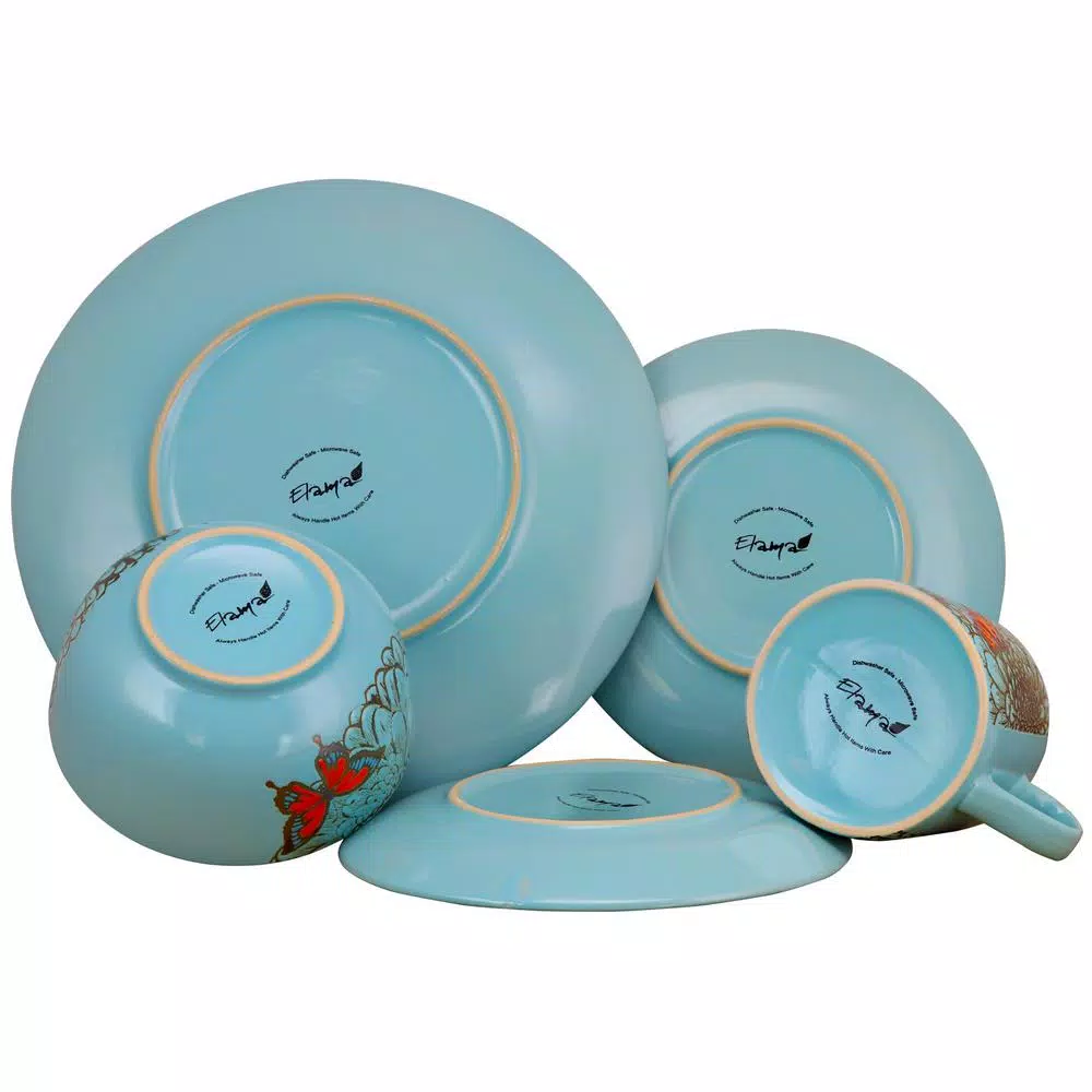Elama Butterfly Garden 16-Piece Blue Stoneware Dinnerware Set, Service for 4