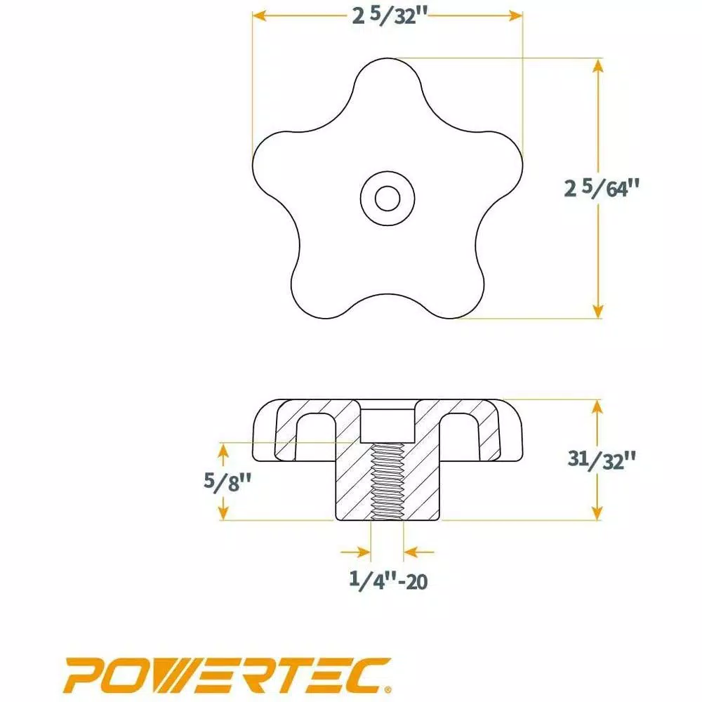 POWERTEC T-Track Knob Kit, 12-Piece Set with 5-Star Thru Knobs and 1/4 in.-20 All-Thread Bolts