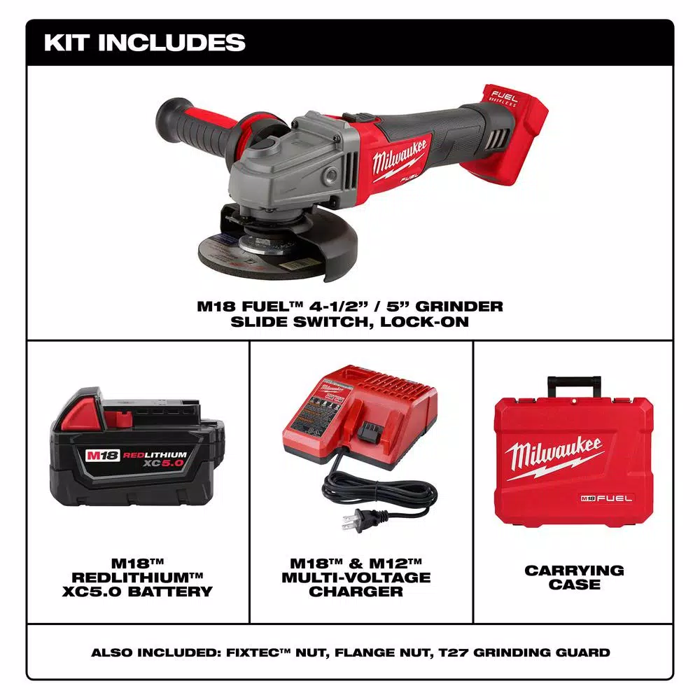 Milwaukee M18 FUEL 4-1/2" / 5" Cordless Angle Grinder Kit with 5.0 Ah Battery and Charger