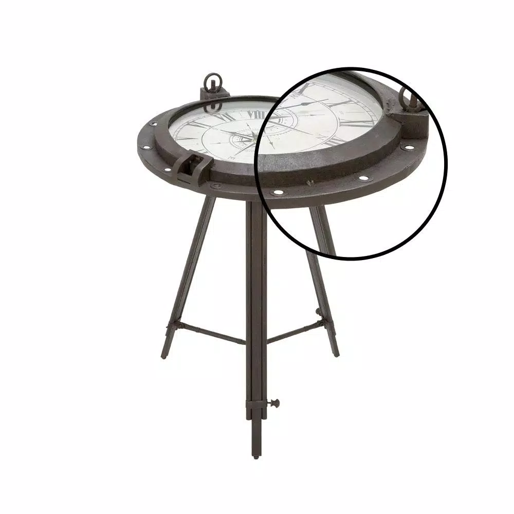 LITTON LANE 24 in. Iron Compass and Porthole Analog Clock Table, Nautical Industrial Decor